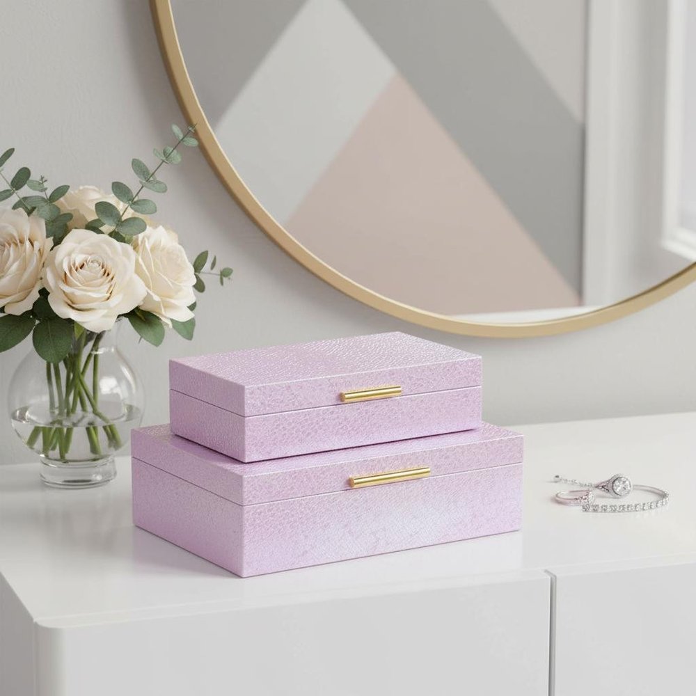 Set of Two Pink And Gold Faux Shagreen Nesting Storage Boxes With Lids