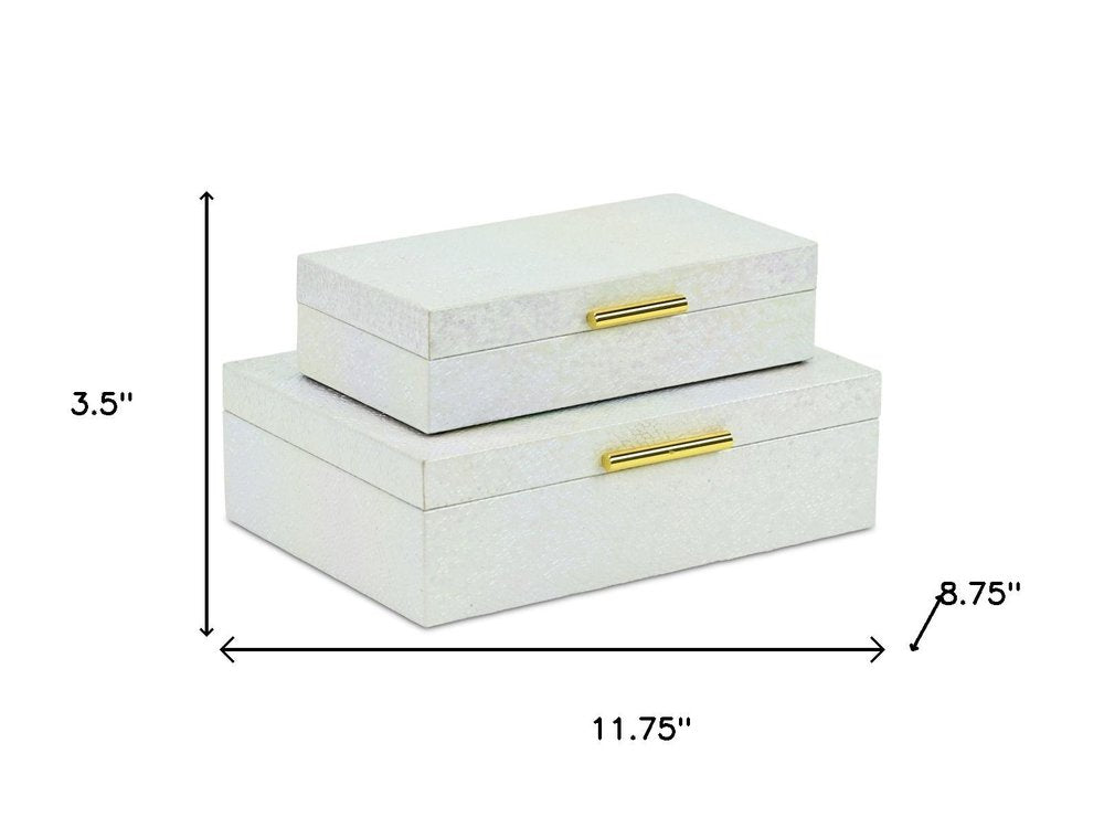 Set of Two White And Gold Faux Shagreen Nesting Storage Boxes With Lids