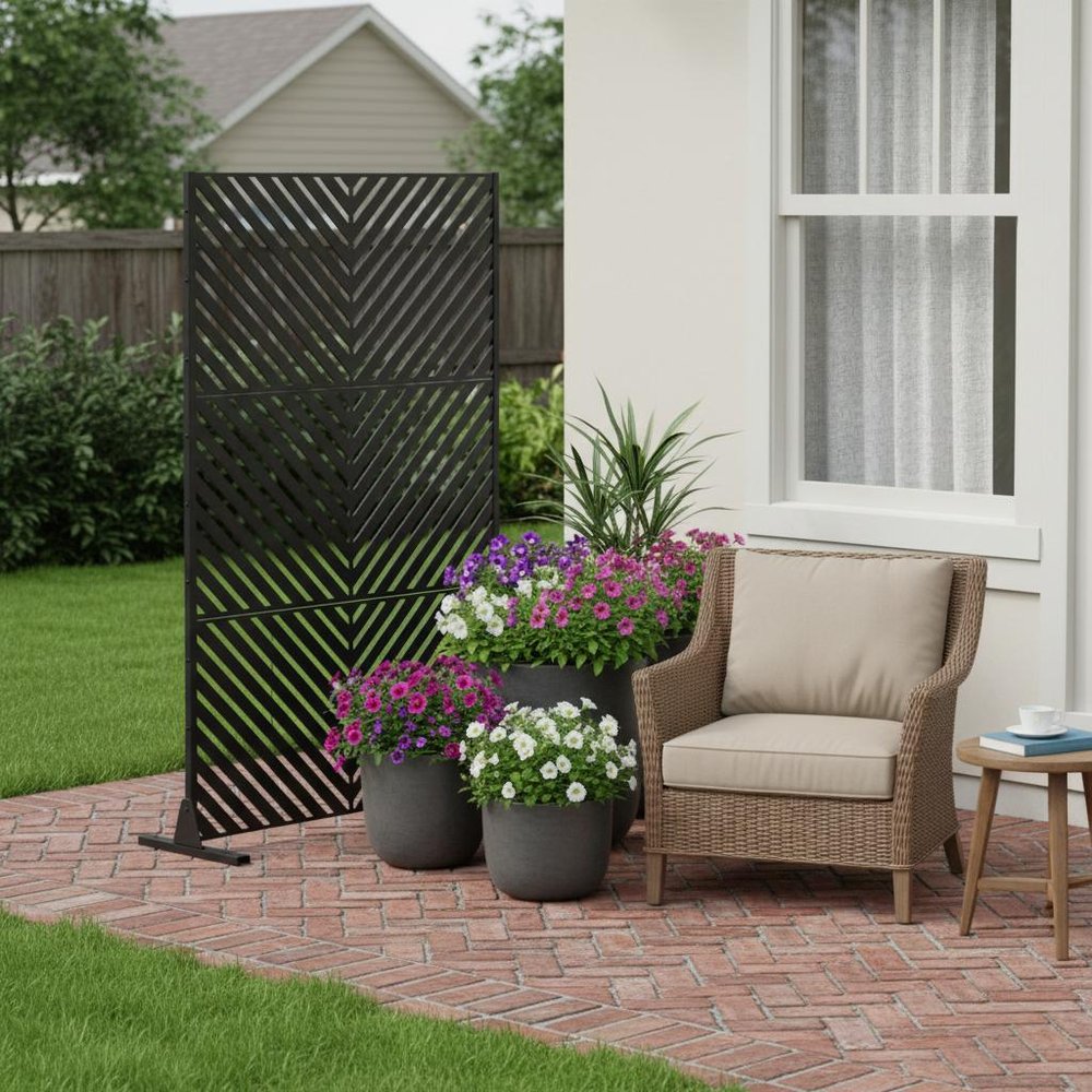 72" Black Metal Six Panel Outdoor Privacy Screen