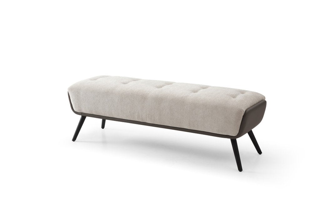 58" Beige Dark Gray and Black Tufted Faux Leather Fabric and Steel Upholstered Bench