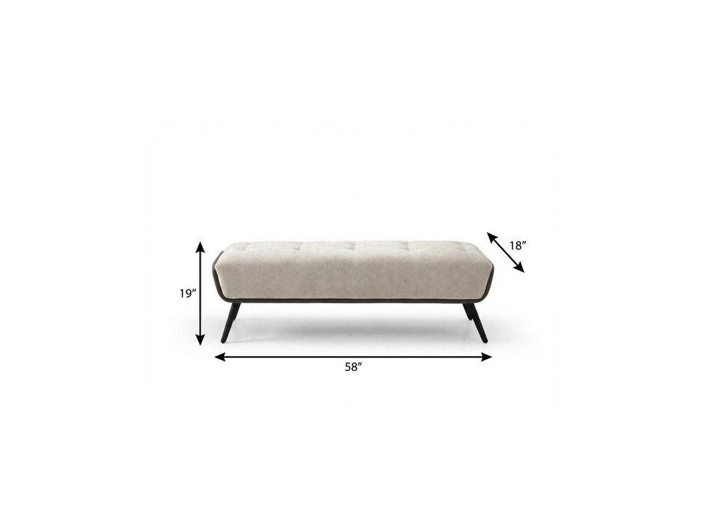 58" Beige Dark Gray and Black Tufted Faux Leather Fabric and Steel Upholstered Bench
