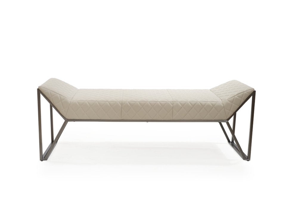 63" Cream and Gray Quilted Faux Leather and Steel Upholstered Bench