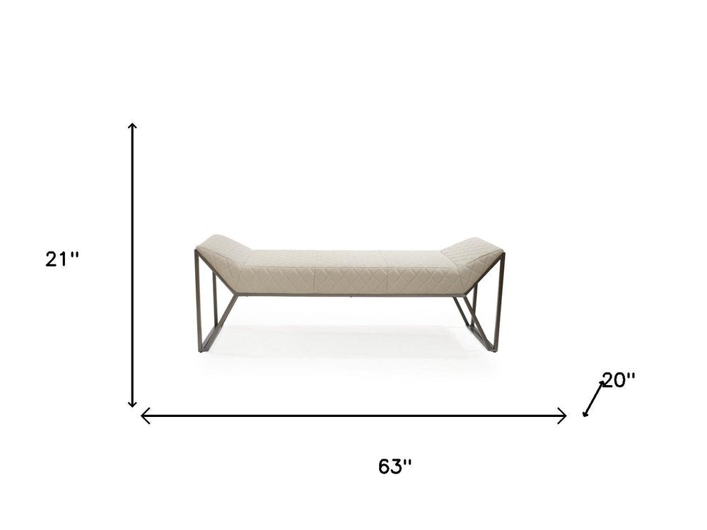 63" Cream and Gray Quilted Faux Leather and Steel Upholstered Bench