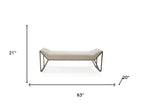 63" Cream and Gray Quilted Faux Leather and Steel Upholstered Bench