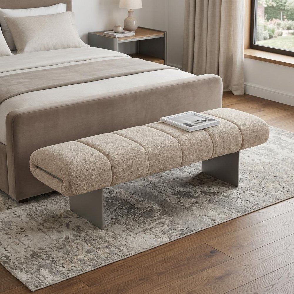 63" Beige and Nickel Boucle and Steel Upholstered Bench