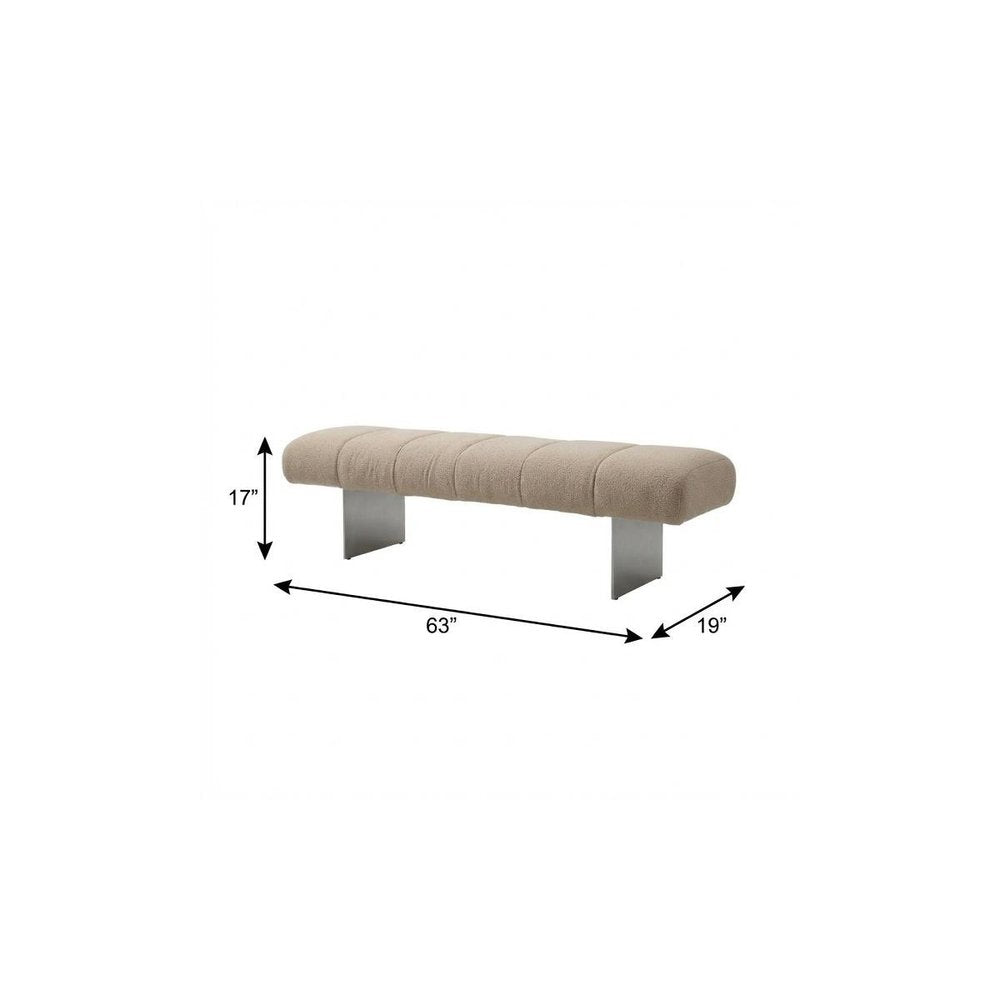 63" Beige and Nickel Boucle and Steel Upholstered Bench