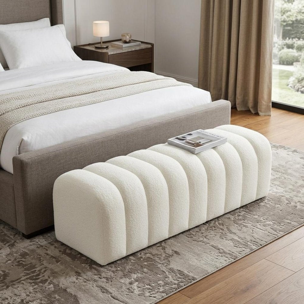 59" White Tufted Boucle Upholstered Bench