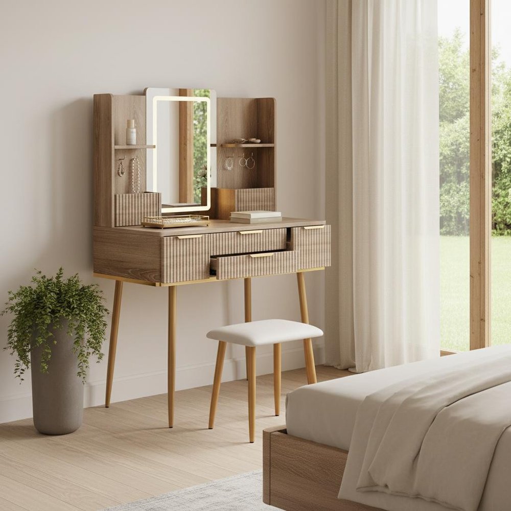30" Brown Wood Mirrored Four Drawer Vanity Table