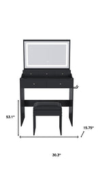 30" Black Wood Mirrored Five Drawer Vanity Table