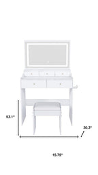 30" White Wood Mirrored Five Drawer Vanity Table