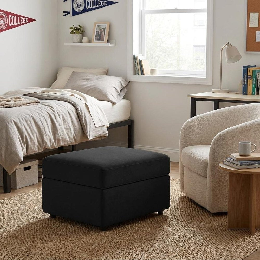 30" Black Velvet Ottoman With Storage