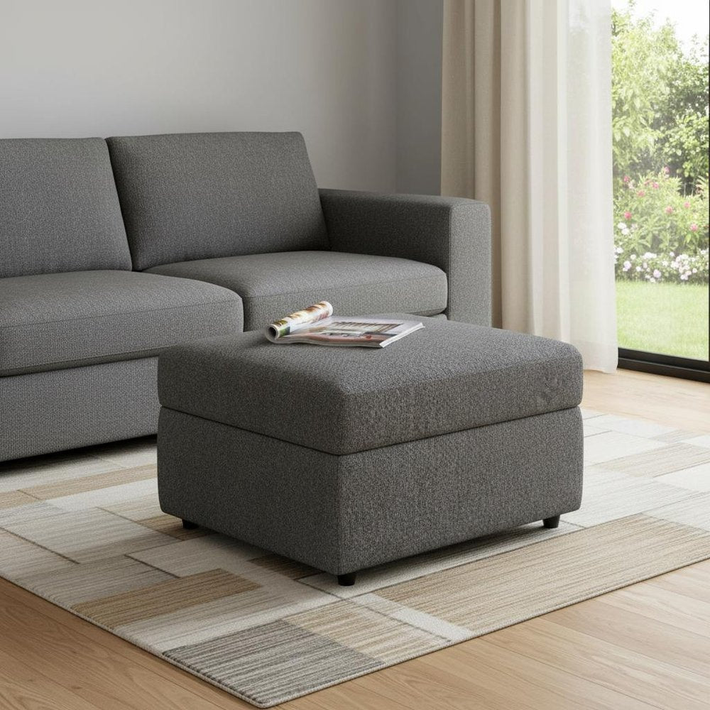 30" Light Gray And Black Chenille Ottoman With Storage