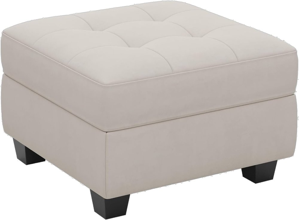 26" Beige And Black Velvet Tufted Ottoman With Storage
