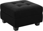 26" Beige And Black Velvet Tufted Ottoman With Storage