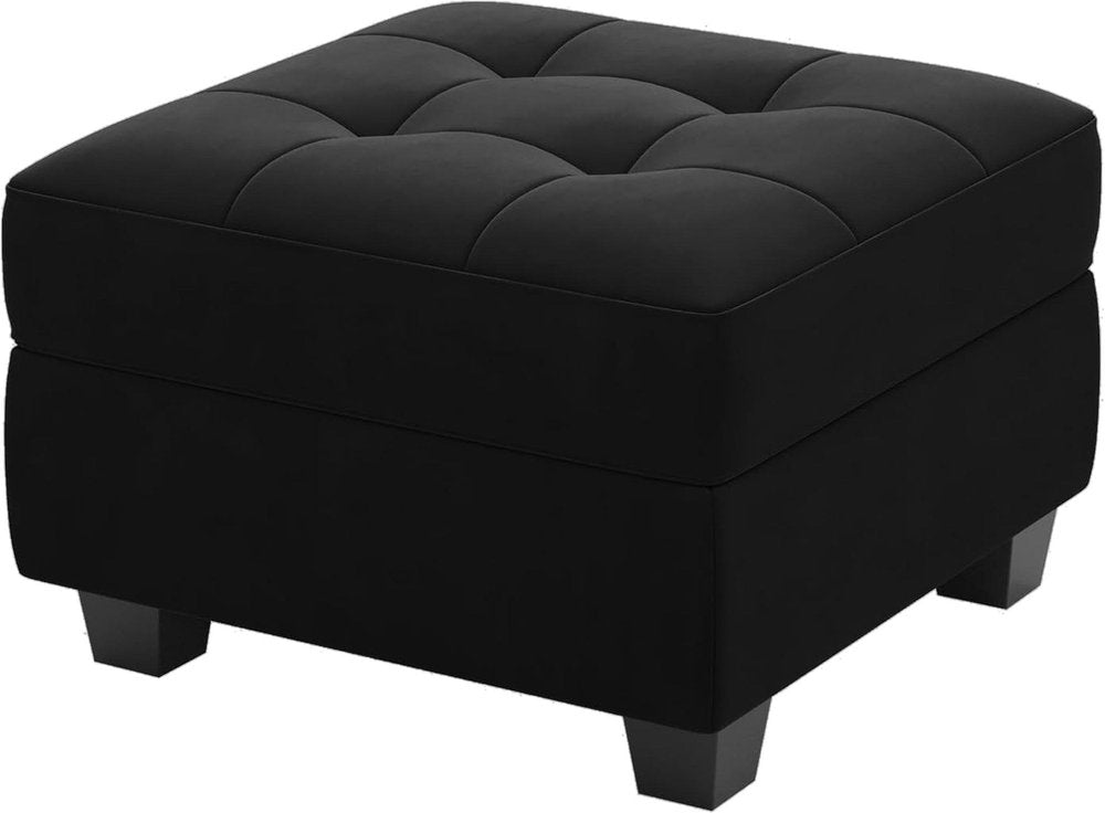 26" Beige And Black Velvet Tufted Ottoman With Storage