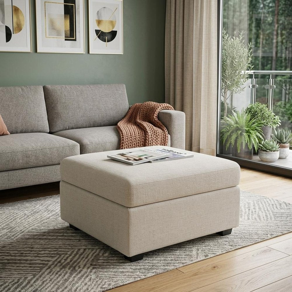 30" Beige And Black Chenille Ottoman With Storage