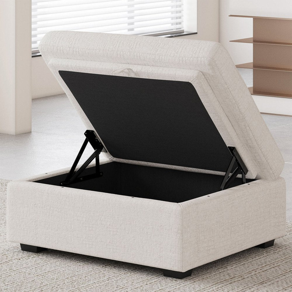 30" Beige And Black Chenille Ottoman With Storage