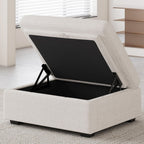 30" Beige And Black Chenille Ottoman With Storage