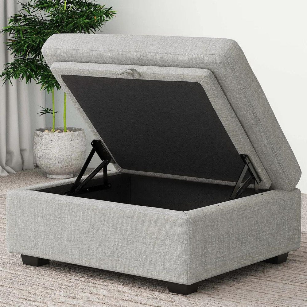 30" Light Gray And Black Chenille Ottoman With Storage