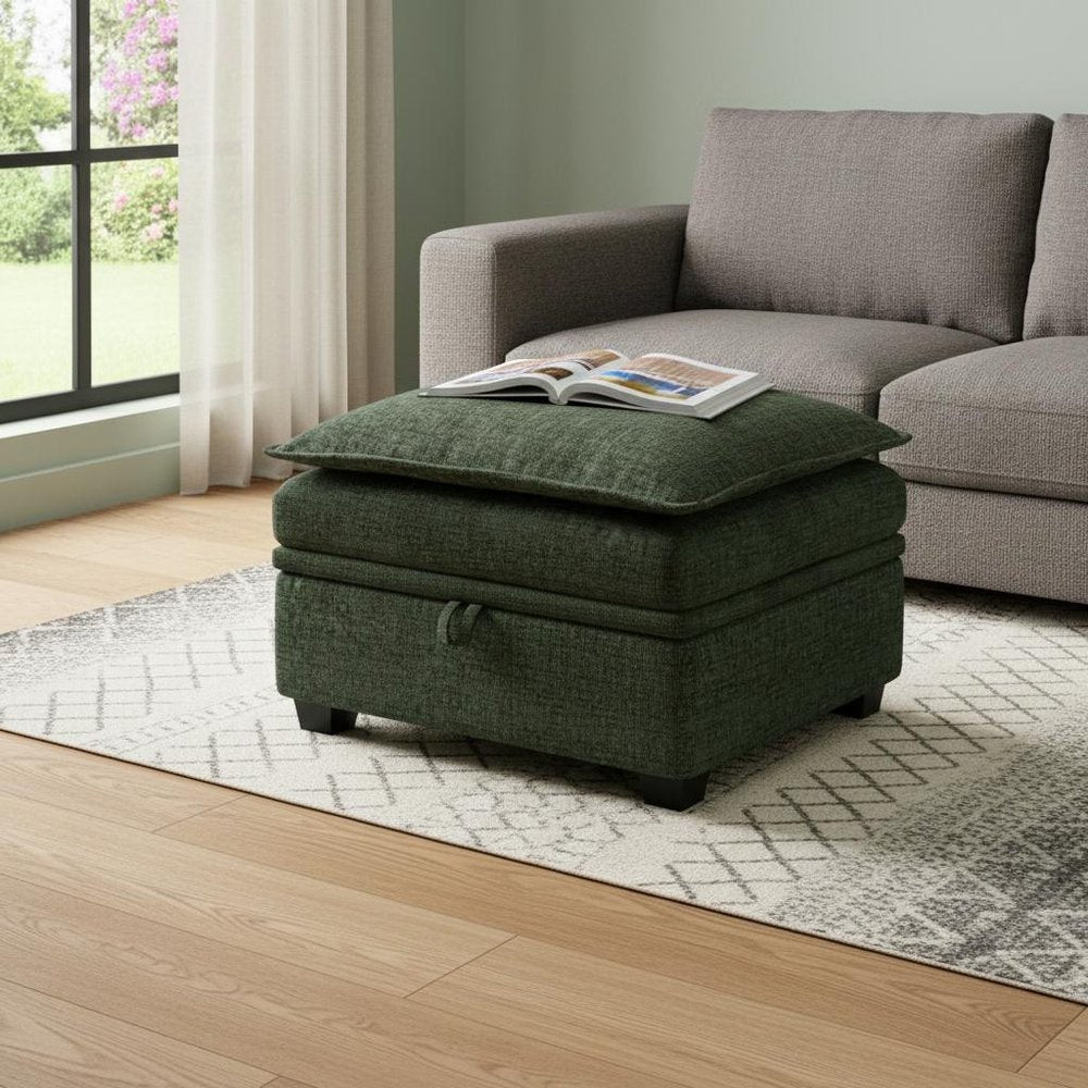 30" Green And Black Chenille Ottoman With Storage
