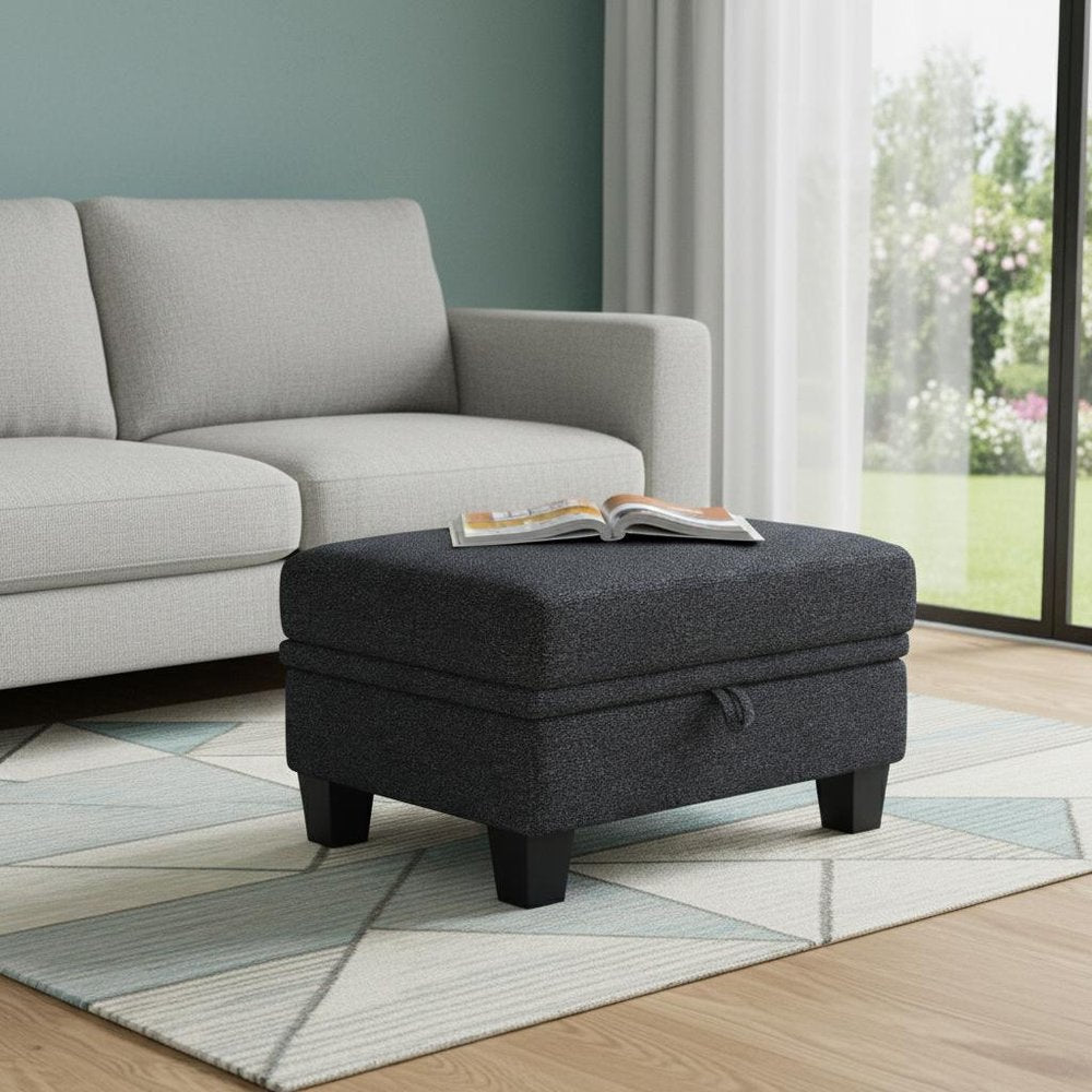 29" Gray And Black Chenille Ottoman With Storage