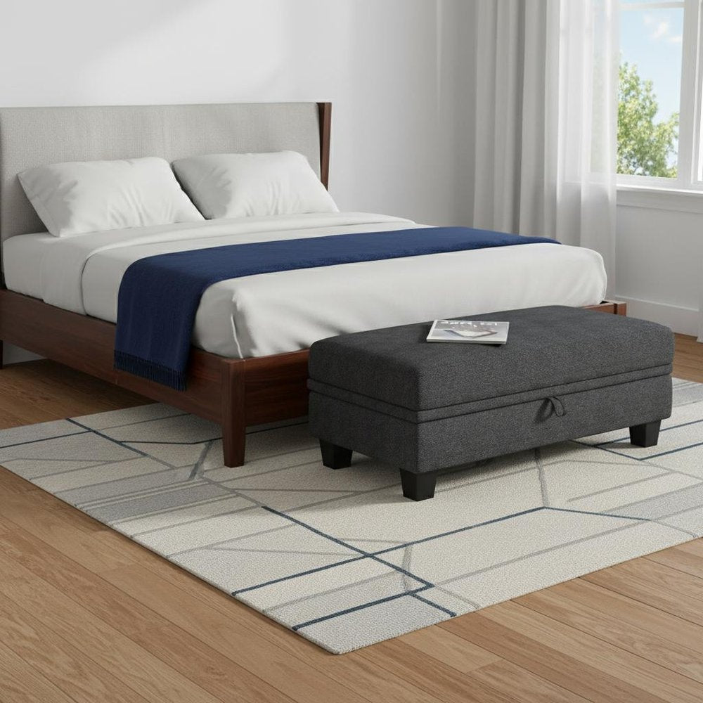 46" Beige And Black Chenille Ottoman With Storage