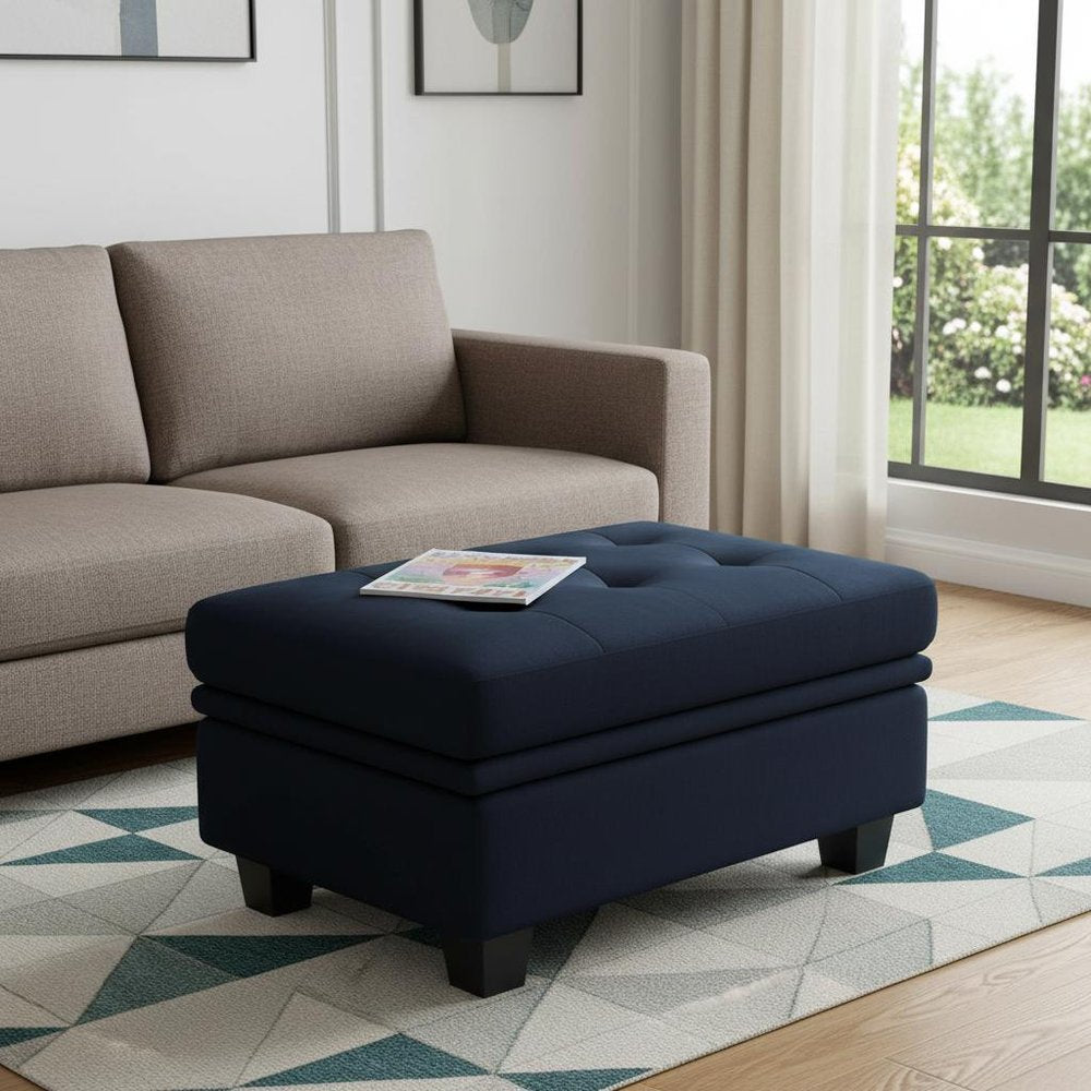 32" Blue And Black Velvet Tufted Ottoman With Storage