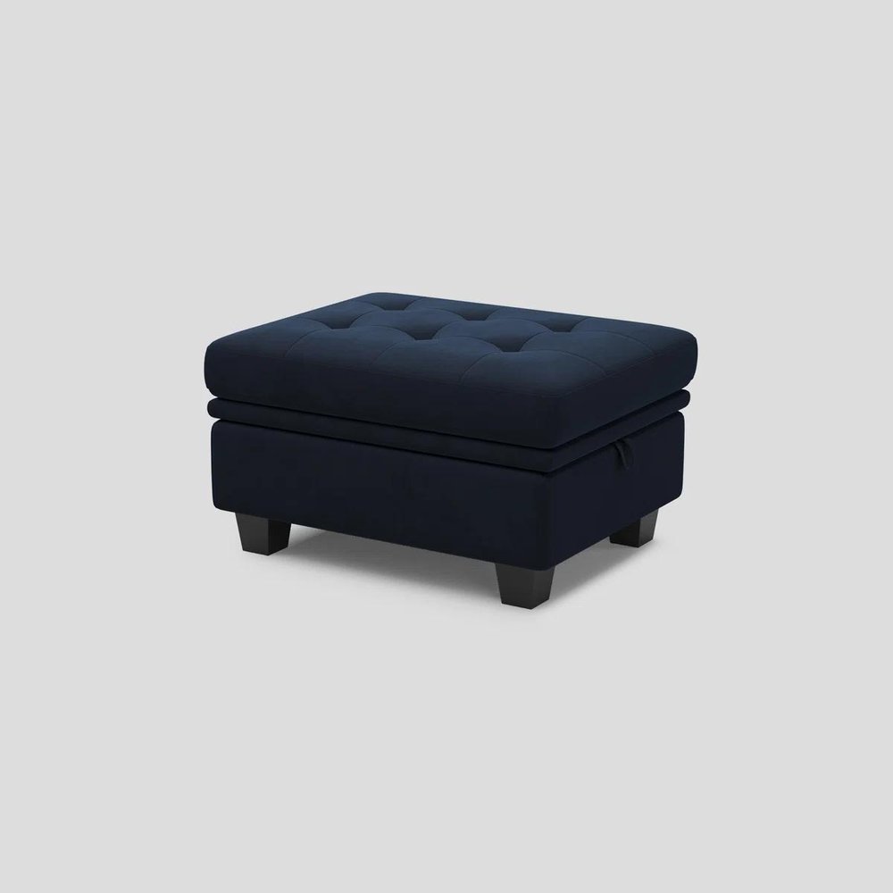 32" Blue And Black Velvet Tufted Ottoman With Storage
