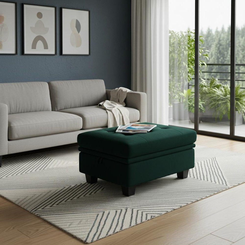 32" Blue And Black Velvet Tufted Ottoman With Storage
