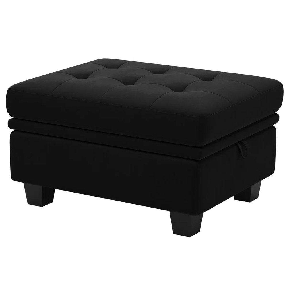 32" Blue And Black Velvet Tufted Ottoman With Storage