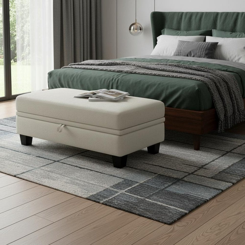 46" Beige And Black Chenille Ottoman With Storage