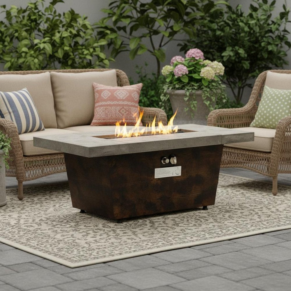 50000 BTU 42" Brown And Gray Iron Propane Rectangular Fire Pit Table With Cover