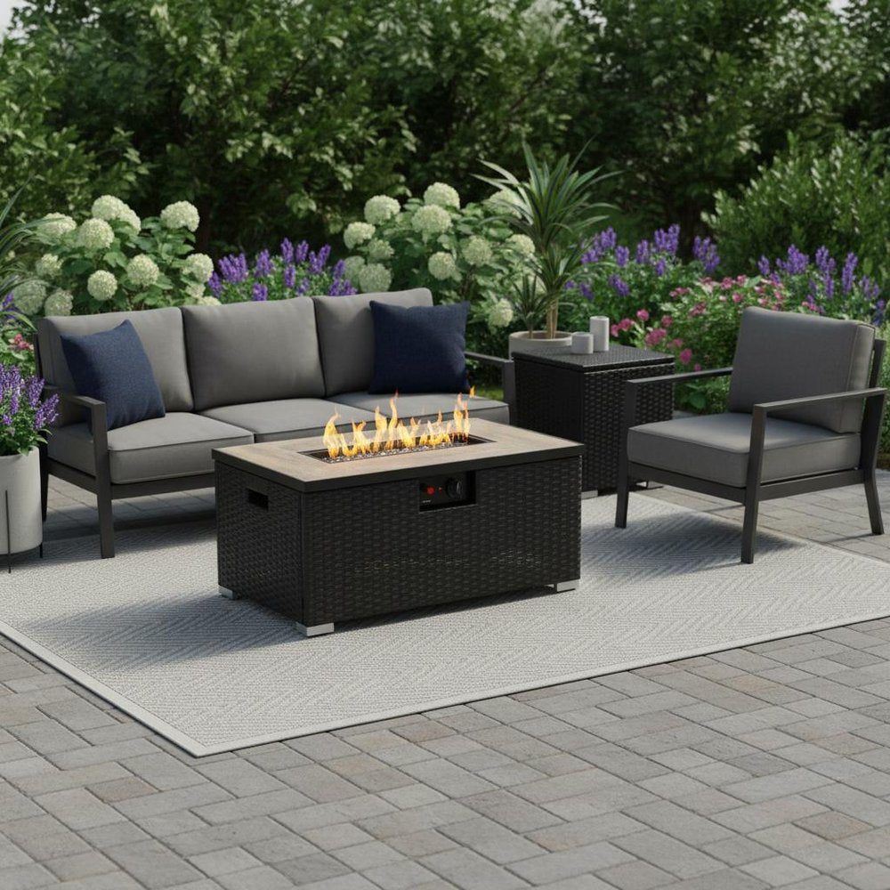 40000 BTU 32" Brown Wicker Propane Rectangular Fire Pit With Cover