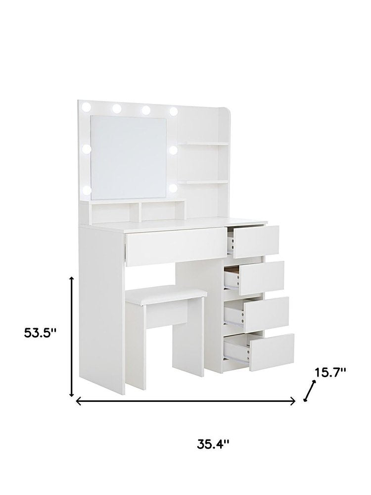 35" White Wood Five Drawer Vanity Table