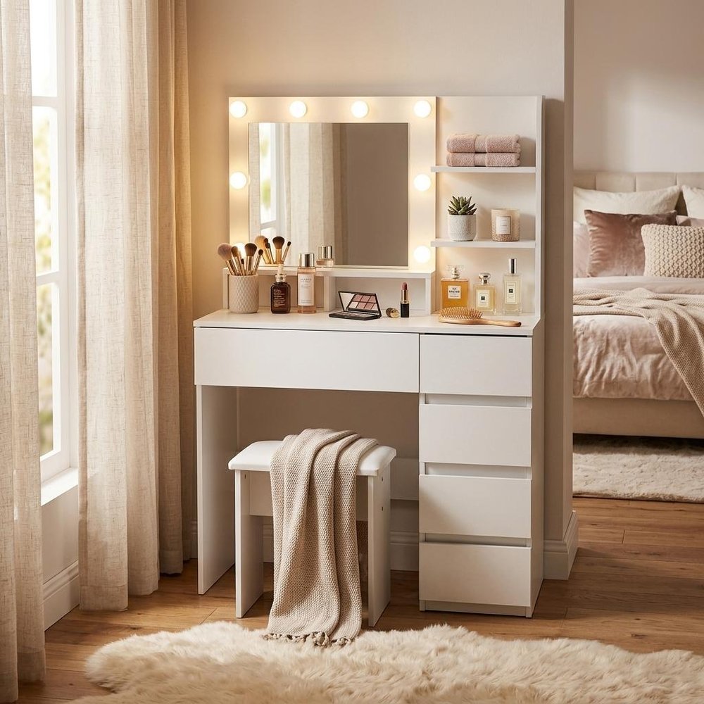 35" White Wood Five Drawer Vanity Table