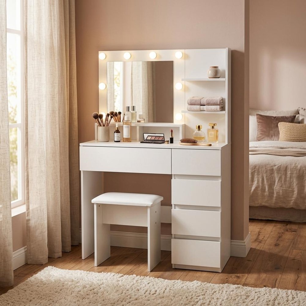 35" White Wood Five Drawer Vanity Table