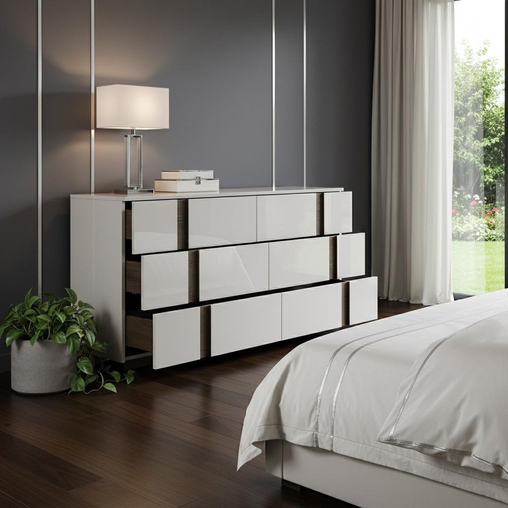 60" Light Gray And Walnut Wood Six Drawer Double Dresser