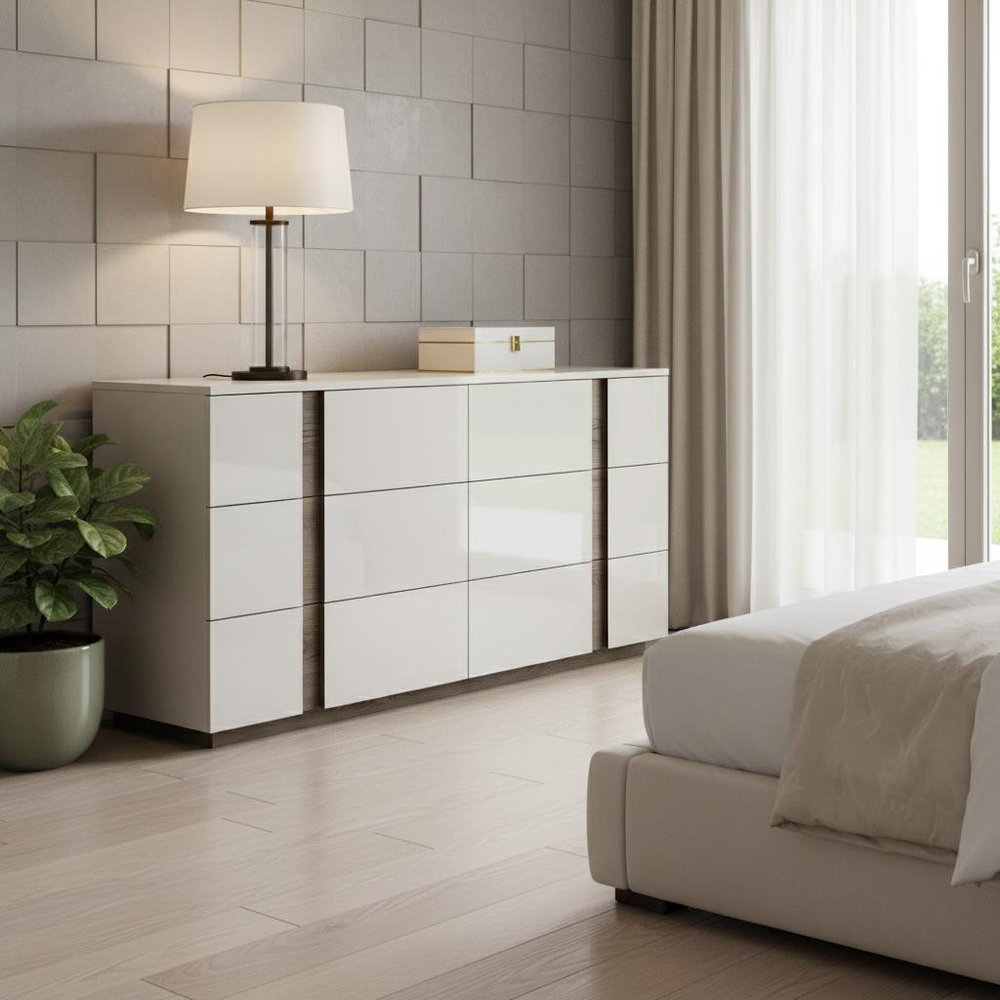 60" Light Gray And Walnut Wood Six Drawer Double Dresser