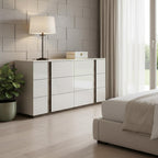 60" Light Gray And Walnut Wood Six Drawer Double Dresser