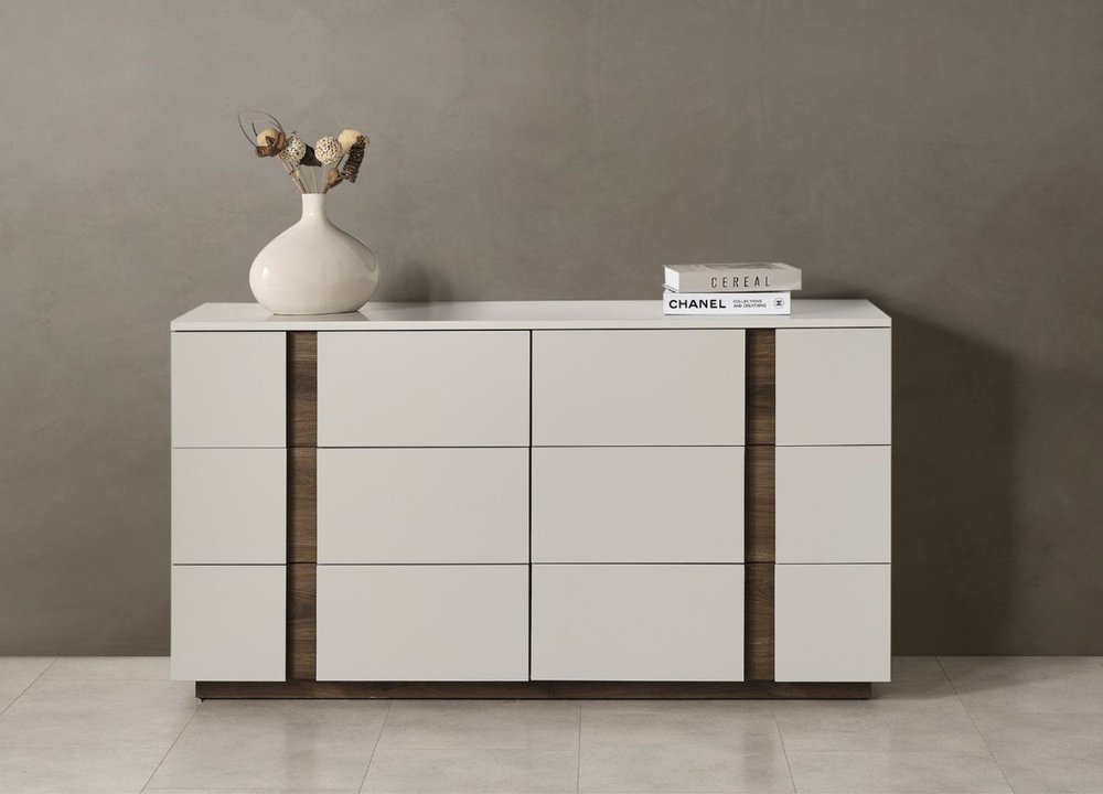 60" Light Gray And Walnut Wood Six Drawer Double Dresser