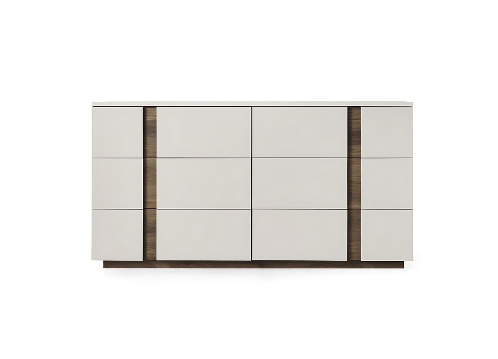 60" Light Gray And Walnut Wood Six Drawer Double Dresser