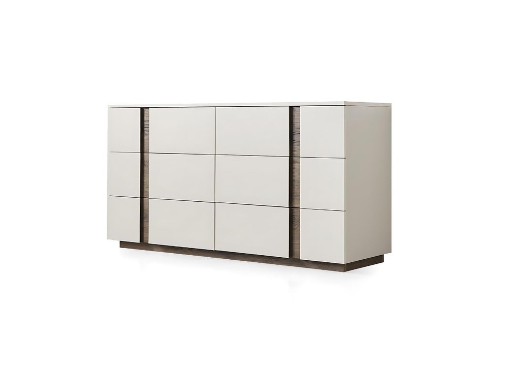 60" Light Gray And Walnut Wood Six Drawer Double Dresser