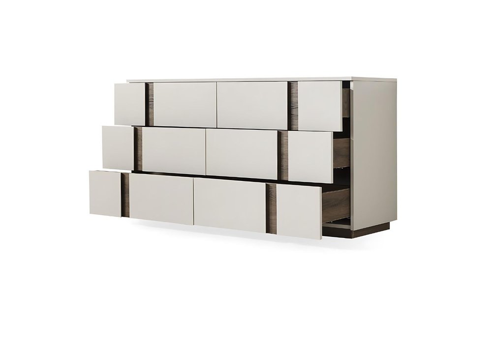 60" Light Gray And Walnut Wood Six Drawer Double Dresser