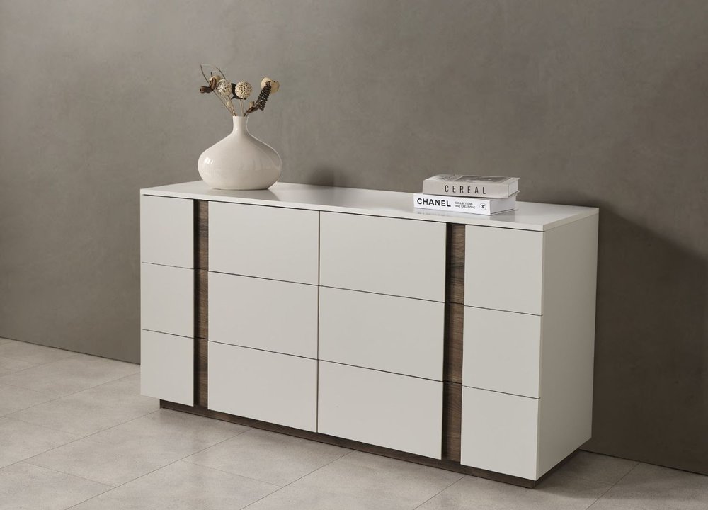 60" Light Gray And Walnut Wood Six Drawer Double Dresser