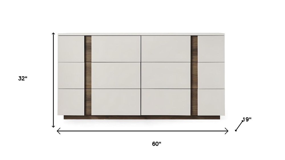 60" Light Gray And Walnut Wood Six Drawer Double Dresser