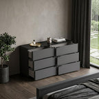 57" Black And Dark Gray Faux Marble and Wood Six Drawer Double Dresser