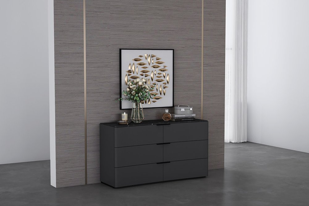 57" Black And Dark Gray Faux Marble and Wood Six Drawer Double Dresser