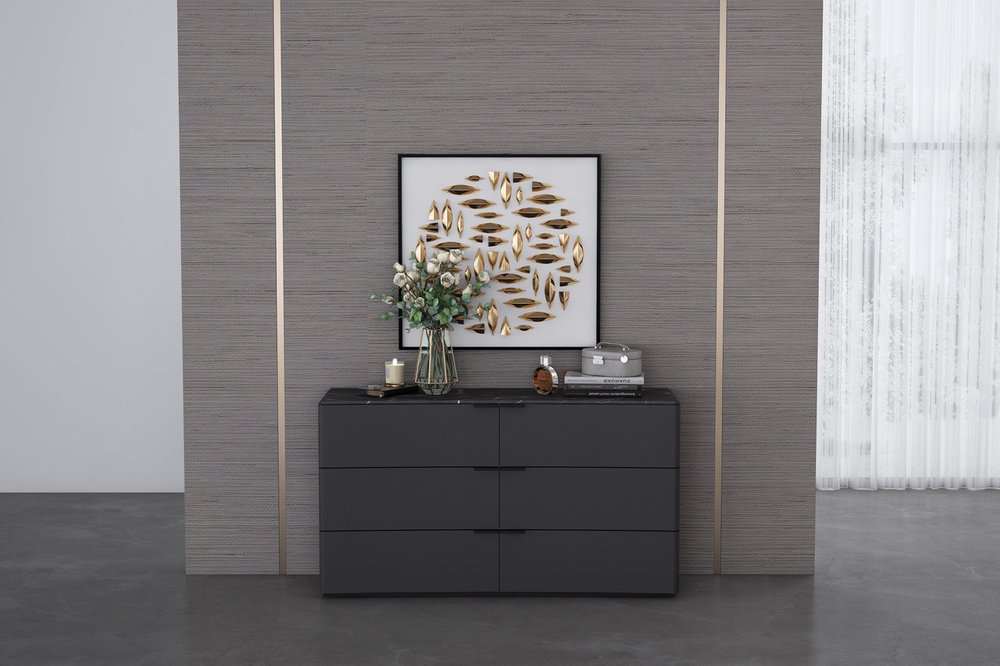 57" Black And Dark Gray Faux Marble and Wood Six Drawer Double Dresser