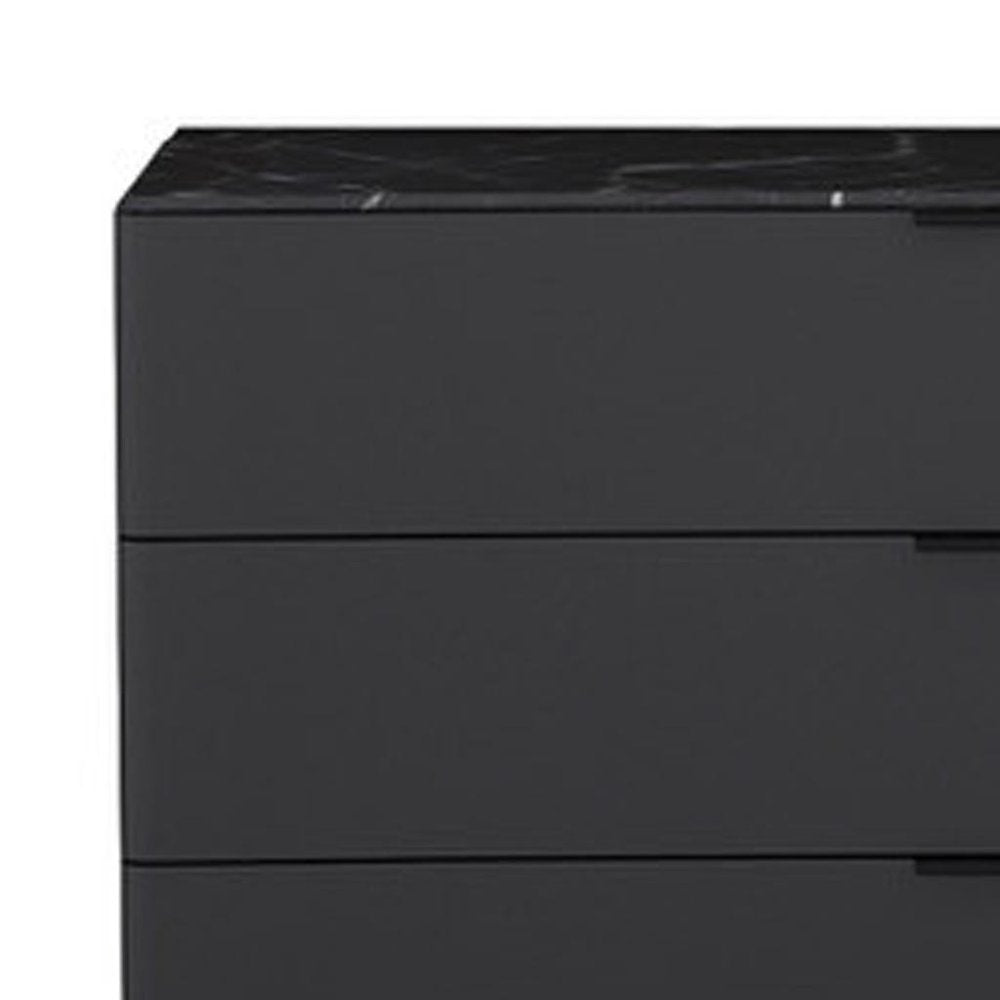 57" Black And Dark Gray Faux Marble and Wood Six Drawer Double Dresser