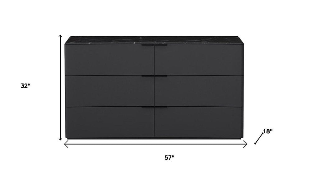 57" Black And Dark Gray Faux Marble and Wood Six Drawer Double Dresser